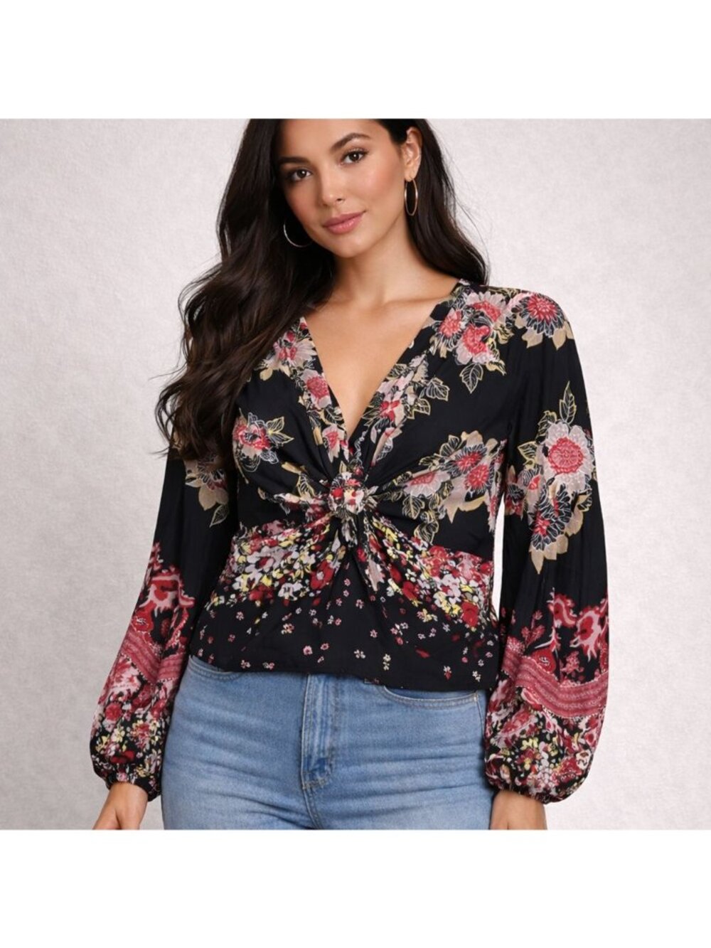 Free People Floral Boho Tie Front Blouse Size Small Long Sleeve Black